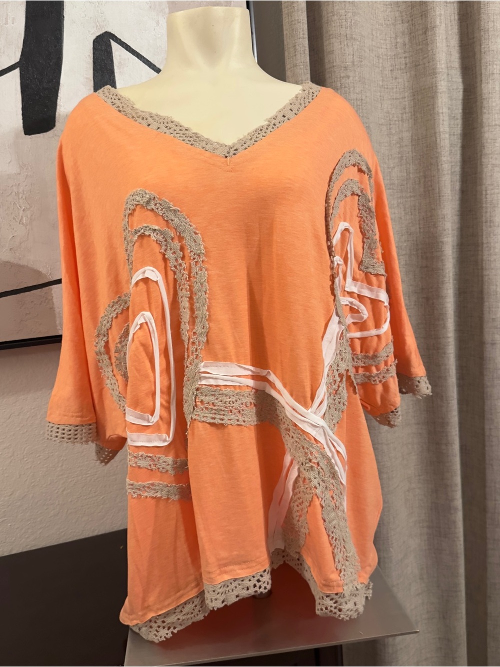 Orange V-Neck Lace Trim Top